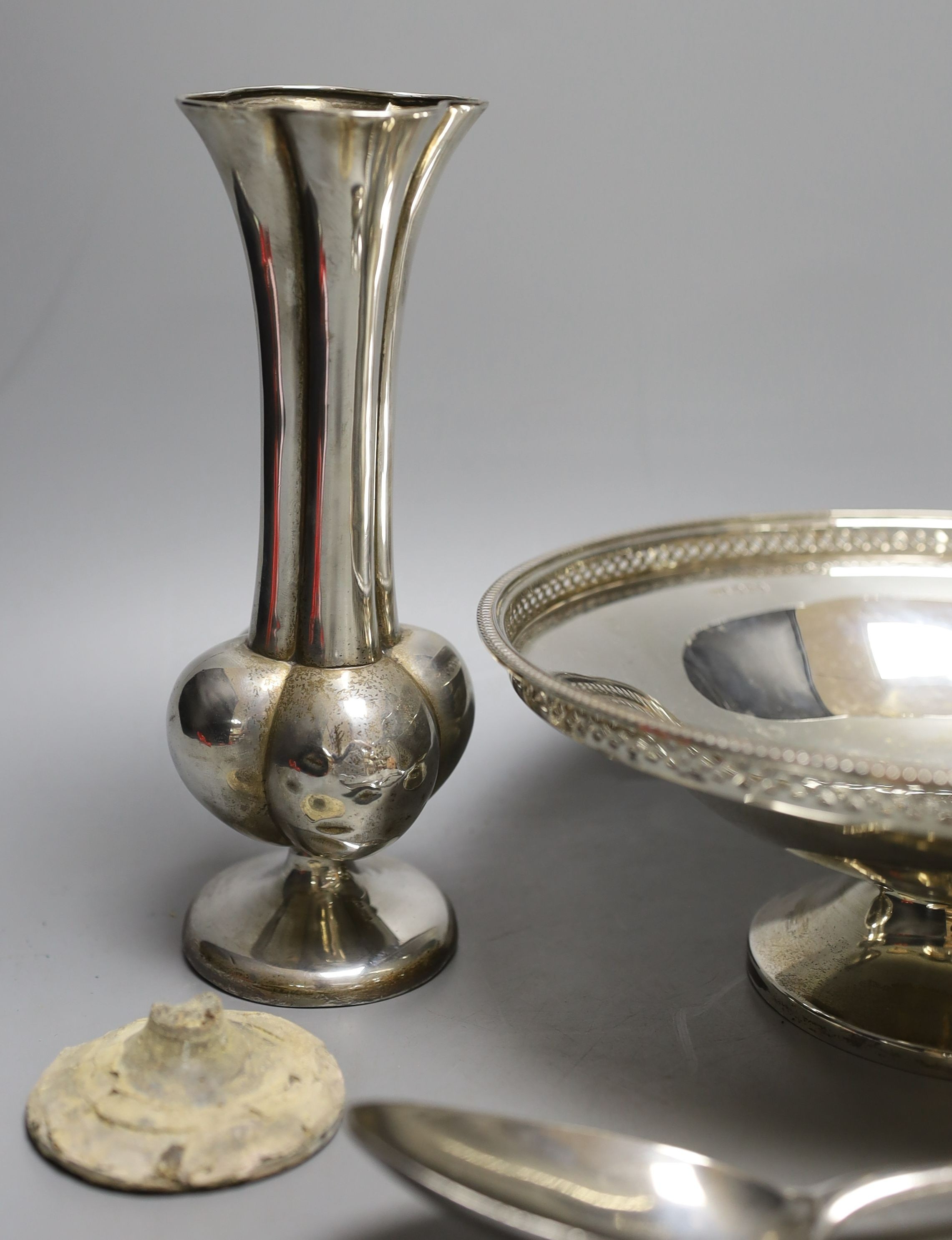 A George V silver bowl, by Walker & Hall, a pair of vases, pair of George III silver table spoons, one other spoon and a pepperette.